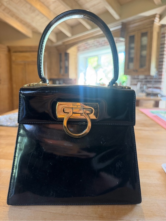 Salvatore Ferragamo Handbags - Salvatore Ferragamo Black Patent Top-Handle Satchel with Gold Hardware